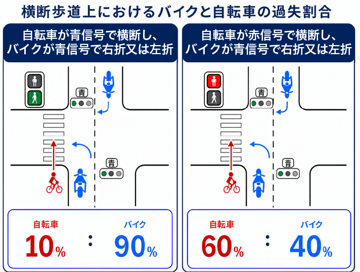 横断歩道上におけるバイクと自転車の過失割合