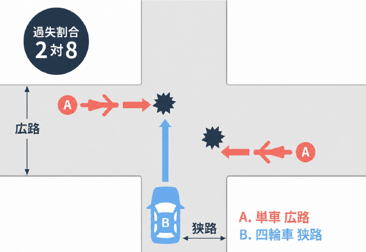 信号機なしの交差点で、単車（広路）と四輪車（狭路）の事故