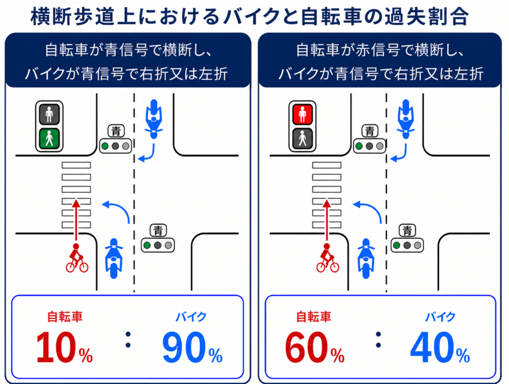 横断歩道上におけるバイクと自転車の過失割合