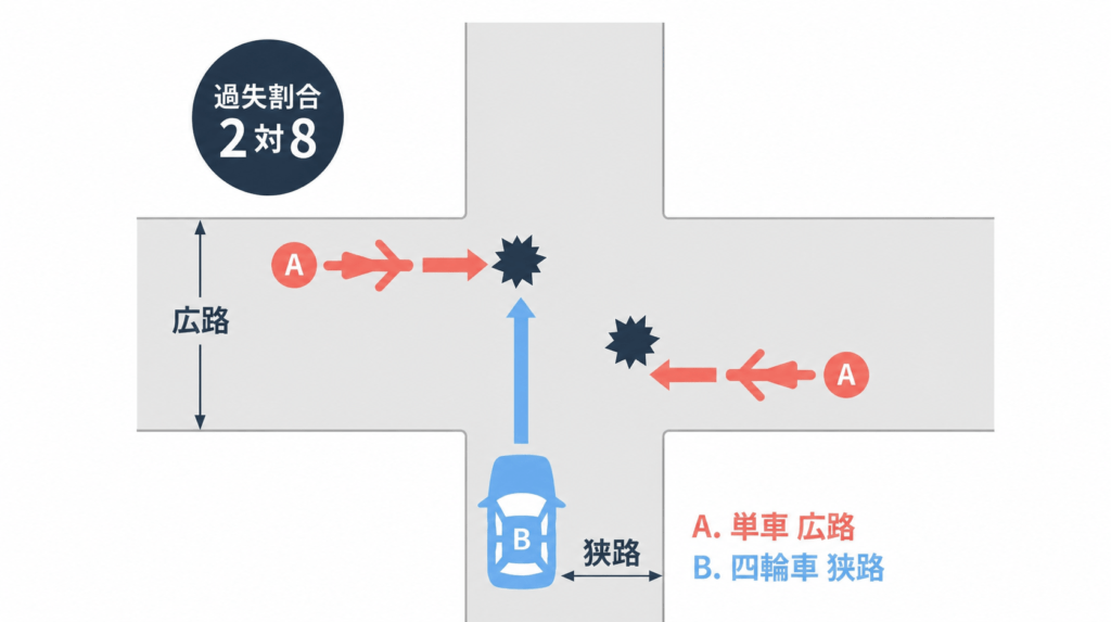 信号機なしの交差点で、単車（広路）と四輪車（狭路）の事故
